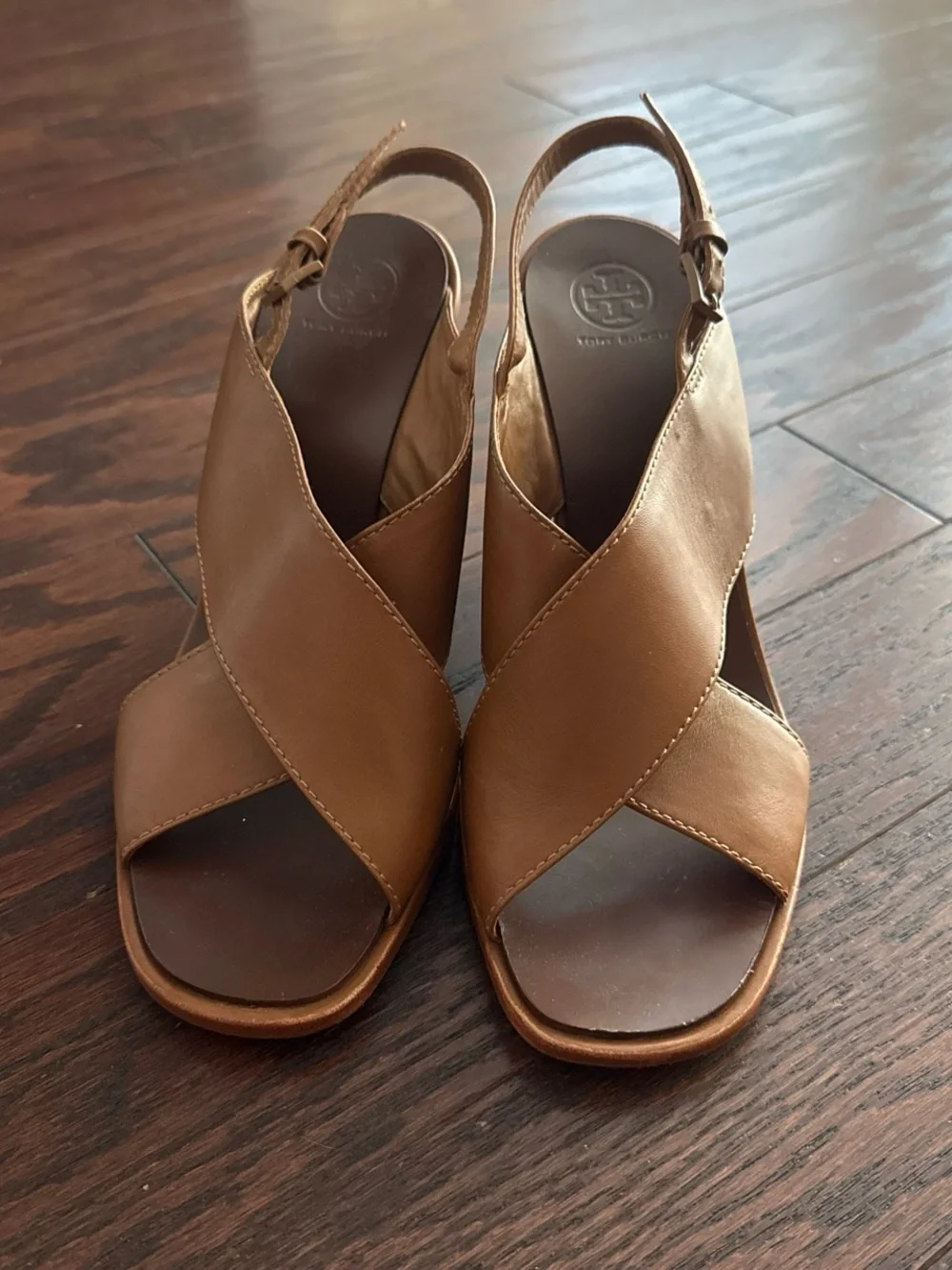 Tory Burch Gabrielle brown Leather wedge Sandals preppy summer resort size 8.5